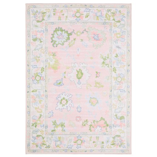 Addison Traditional Bordered Floral Pink/ Green Printed Washable Flat Pile Area Rug