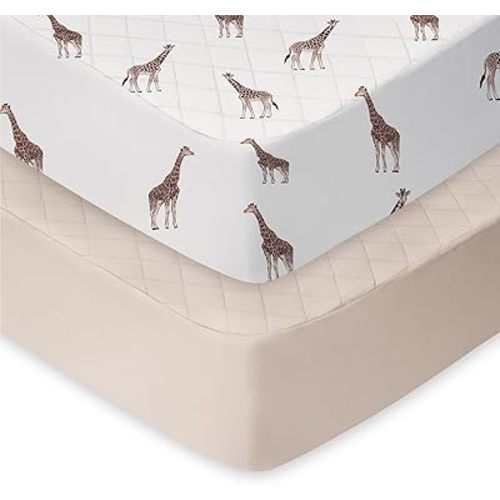 Light Quilted Crib Sheets 2 Pack, Soft Fitted Sheets for Standard Crib and Toddler Mattresses, Orange Giraffe