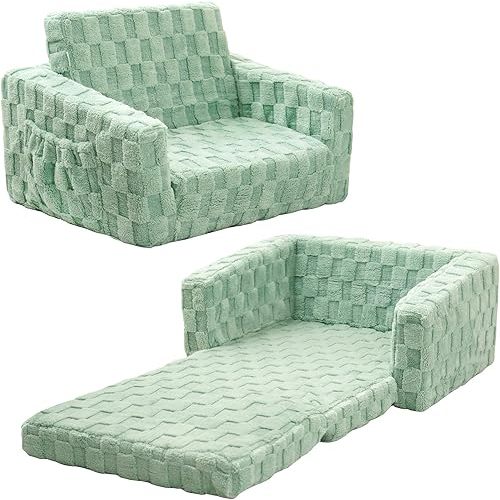 Kids Sofa, Toddler Chair, 2-in-1 Flannel Kids Fold Out Couch, Toddler Convertible Sofa to Lounger, Flip Open Toddler Couch for Kids (Green)