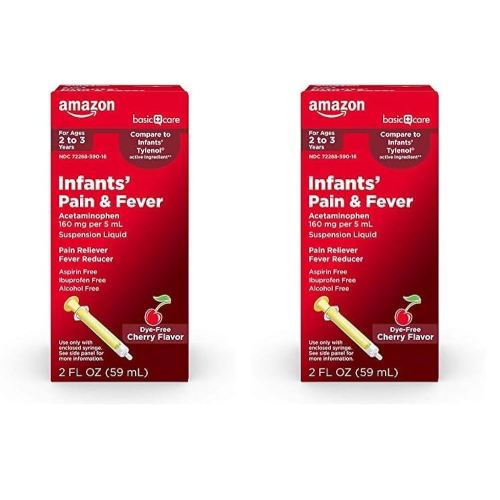 Amazon Basic Care Infants' Pain & Fever, Acetaminophen 160 mg per 5 mL, Suspension Liquid, Dye-Free Cherry Flavor, 2 fl oz (Pack of 2)