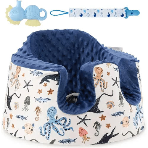 Seat Cover Compatible with Bumbo Floor Seat Only, w/Pacifier Clips & Safe Teething Bells Toys,Breathable Baby Bumbo Seat Cover,Soft Bumbo Floor Seat Cover for Baby Girl Boy, Excluding Pacifier(Blue)