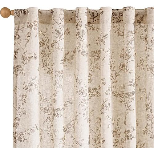 Lazzzy Linen Farmhouse Curtains Taupe Floral Curtains 63 Inch Long Back Tab Drapes for Living Room Bedroom Light Filtering Country Vintage Rod Pocket Curtain, 2 Panels, Taupe on Beige