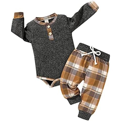 I'm so thankful Newborn Baby Boy Fall Clothes Infant Plaid Long Sleeve Button Romper and Pants Set Winter Outfits