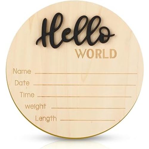 Baby Announcement Sign, 5.9 Inch Wooden Hello World Newborn Welcome Sign Birth Baby Name Plaques for Photo Props Baby Shower Hospital Nursery(Black)