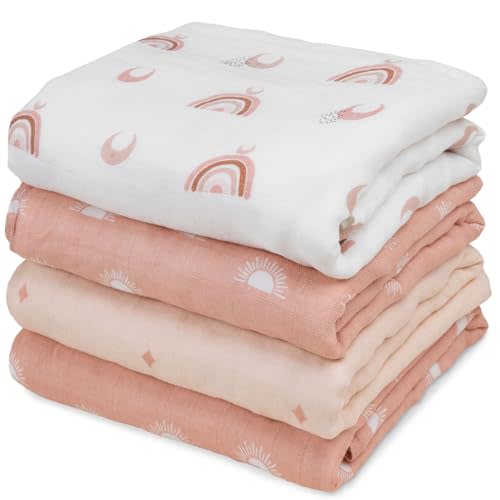 GLLQUEN BABY Muslin Swaddle Blankets 4-Pack Breathable Receiving Blankets (35" x 40") Soft Baby Blankets for Girls and Boys Newborn Essentials Muslin Burp Cloths Swaddle Wrap Baby Gift (Sun)