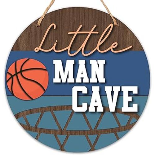 Little Man Cave Sign for Boys, Baby Boy Nursery Decor, Basketball Wall Decor for Toddler Kids Room, 10x10 Inch Wooden Round Door Hanger-D02