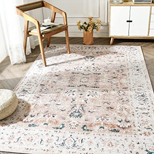 jinchan Area Rug 3x5 Entryway Rug - Washable Vintage Boho Floral Floor Cover Lightweight Low Pile Indoor Doormat Thin Non-Slip Carpet for Kitchen Living Room Bedroom Dining Room Office Pink Blush