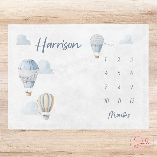 Baby Monthly Milestone Blanket - Hot Air Balloons, Personalised Baby Blanket, Boy Baby Blanket, Milestone Blanket Boy, Baby Shower Gift