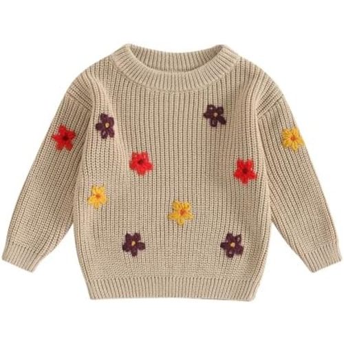 Infant Toddler Baby Girl Knit Sweater Long Sleeve Floral Embroidery Pullover Sweatshirt Warm Fall Winter Clothes
