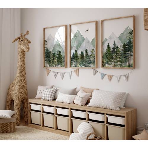 Mountain Nursery Forest Decor Woodland Adventure Wall Art Print Gender Neutral Farmhouse Wall Art Gift Set of (3) UNFRAMED Prints or Canvas