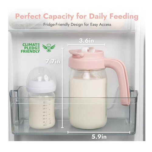 Papablic Glass Breastmilk Pitcher, Formula Mixing Pitcher with Mixing Handle Lid, Wide Mouth Mason Jar Mixer with Flip Locking Spout, Easy to Clean, BPA Free, Pink