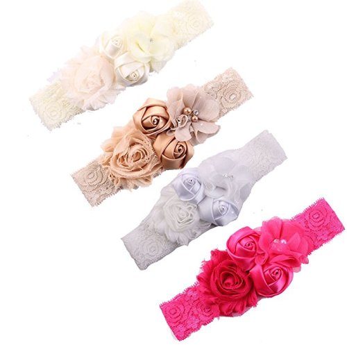 Chiffon Lace Flower Baby Girls Turban Headband Head Wrap With Pearl - 4 Color Package a