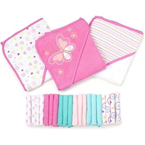 Spasilk Bath Hooded Towels & Washcloths Set for Babies, 23-Piece Gift Set, Pink Butterfly, (Gift GBA23 07)
