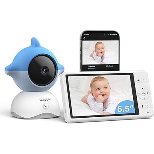 WUUK 2K Video Baby Monitor, 5.5'' Baby Monitor with 360 PTZ Color Display with 135° Wide Angle, 3700mAh Battery, Ultra-clear Night Vision, Baby Camera with App, Temper & Humidity Sensor, Cry Detection