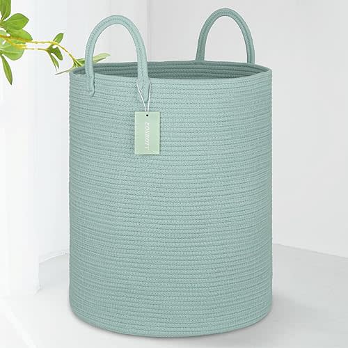 BOSROTY Large Cotton Rope Laundry Hamper 65L, Baby Nursery Hamper Bin, Woven Storage Basket for Living Room Bedroom, Tall Blanket Basket for Storage Toys Clothes Towels, 16”x 20”, Light Green