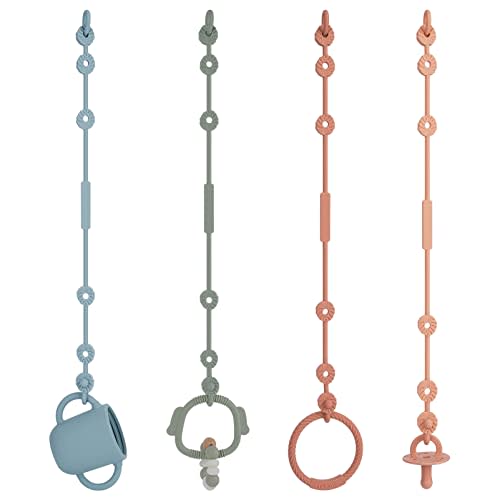 Toy Straps for Baby, Silicone Pacifier Clips Adjustable Stretchable Sippy Cup Straps for Strollers, High Chair, Cribs, Hanging Baskets, Shopping Trolley, Car Seat, Bags (Ether+Sage+Apricot+Muted)