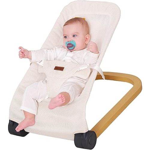 Baby Bouncer,Portable Baby Bouncer seat for Babies Newborn Bouncer Seat with 3-Point Harness,Ergonomic Design Infants Bouncy seat with Polyster Fabric Wood Grain,Natural Vibrations (Beige)