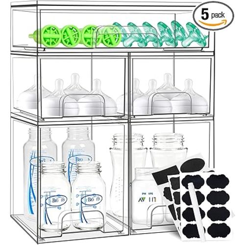 Baby Bottle Organizer, 5 Pack Stackable Storage Drawers with Labels, Clear Station Organizers Container for Pacifiers, Pump Parts, Desk Organizer Bins for Bathroom, Cabinet, Pantry, Vanity, Countertop