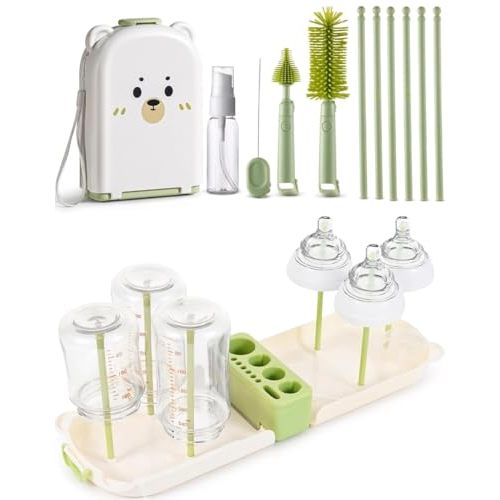 Travel Bottle Cleaner kit, 7in1 Baby Toddler Travel Essential Silicone Bottle Brush Set, Nipple, Drying Rack, Straw, & Breast Pump Cleaning, Soap Dispenser & Organizer Case, Gift Mom