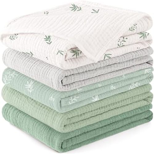 Susurration Muslin Burp Cloths Baby Washcloths 100% Cotton Burp Cloths Baby Girl 5 Pack, Absorbent and Soft Cloth Diapers 23.6 * 23.6 inch, Baby Girl Newborn Essentials (Green Print)