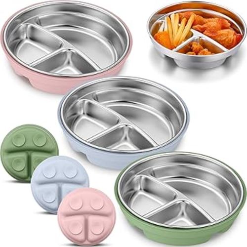 Nuogo 3 Pcs Stainless Steel Baby Suction Plates with Removable Silicone Shell 2-in-1 Metal Toddler Bowl Divided for Picky Eaters Kids Feeding Led Weaning Supplies, Dishwasher Safe (Blue,Pink,Green)