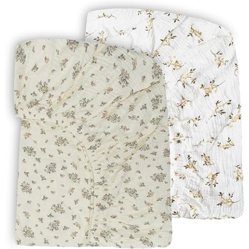Ultra Soft Muslin Crib Sheets for Baby, Premium Breathable Organic Cotton Crib Fitted Sheet for 52’’x28’’Standard Crib and Toddler Mattress.2 Pack Flower Pattern