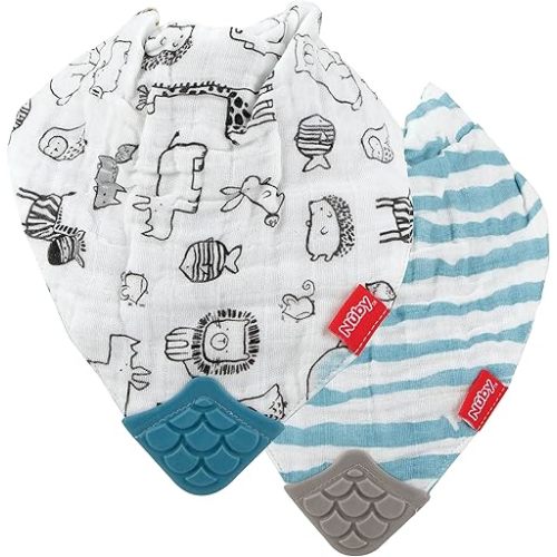 Nuby 100% Natural Cotton Muslin Bib - Bib with Teething Corner (2-Pack) 3+ Months - Zoo