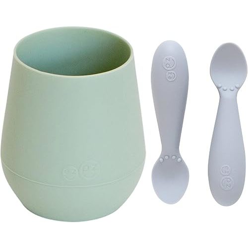ezpz Tiny Cup (Sage) + Tiny Spoon (2 Pack in Pewter) - baby essentials, cup and spoon