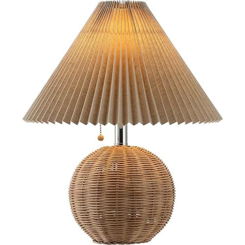 JONATHAN Y JYL1145C Aksel 17.25" Coastal Scandinavian Rattan/Iron Sphere LED Table Lamp with Pleated Shade and Pull Chain, Natural/Chrome/Dark Beige, for Bedroom, Living Room, Entry Console