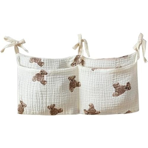 Bedside hanging bag for storing baby milk bottles and blankets - Baby diaper folding bed organizer bag - White teddy bear