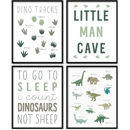 foedor Little Man Cave Dinosaur Wall Art Prints Set of 4, Dinosaur Nursery Decor for Boys Room, Dinosaurs Wall Decor Posters for Boys Kids Room Playroom Nursery, 8x10 Unframed
