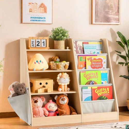 Fontoi Kids Bookshelf, Book Shelf With Side Pocket, 4 Tier Sling Bookcase Toy Organizer Toddler Nursery Book Shelves, Brown, 35.4"x 15.7" X 31.5"