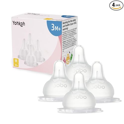 YOHKOH Baby Bottle Nipples for Wide Neck Bottles, 100% Natural Feel Silicone Nipples, BPA-Free (3m+, M, 4 Counts)