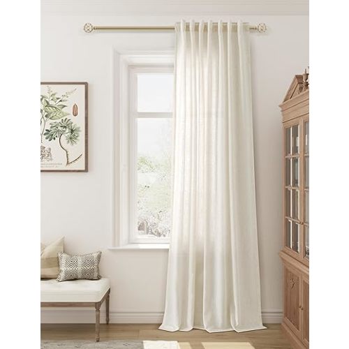 Natural Cream linen curtains 84 inches long for Living Room Bedroom 1 Panel Back Tab Privacy Semi Sheer Boho Farmhouse Light Filtering Window Curtains 84 Inch Length Ivory Off White Linen Drapes