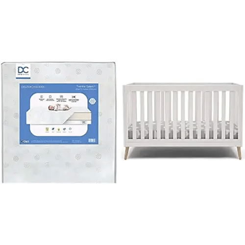 Delta Children Essex 4-in-1 Convertible Baby Crib, Bianca White with Natural Legs + Delta Children Twinkle Galaxy Dual Sided Recycled Fiber Core Crib and Toddler Mattress (Bundle)