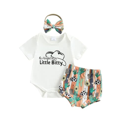 KMBANGI Western Cowgirl Baby Summer Outfits Newborn Girl Short Sleeve Letters Print T-Shirt Romper Bib Shorts Headband 0-18M
