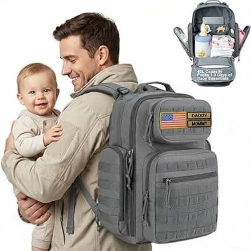 MIRACOL Diaper Bag Backpack for Men: 40L Heavy-Duty Tactical Style Dad Baby Bag with 16+ Pockets - MOLLE Webbing and Organized Storage for Travel & Weekend Adventures (Grey)