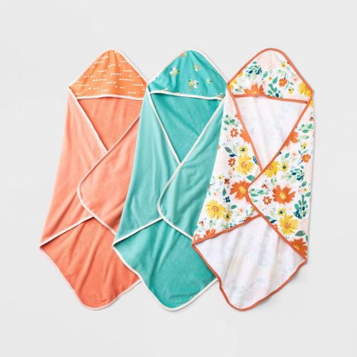 Baby Girls' 3pk Floral Meadow Hooded Towel - Cloud Island™ Aqua Green