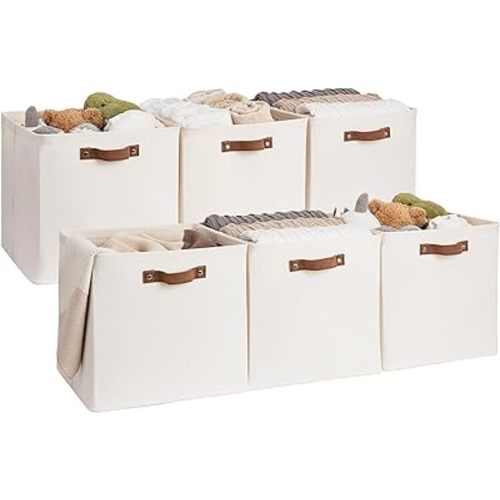 StorageWorks 13x13 Inches Storage Cube, Fabric Storage Bins with PU Handles, Collapsible Organizer Baskets for Closet, Beige, 6-Pack