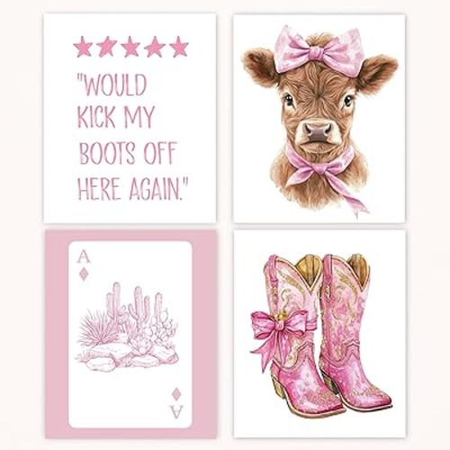 Poecinvi Pink Retro Western Cowgirl Wall Art Prints 8x10 Set of 4, Western Cowgirl Room Decor, Funny Preppy Coquette Bow Highland Cow Cactus Wall Art Posters for Girls Bedroom Dorm Decor, Unframed