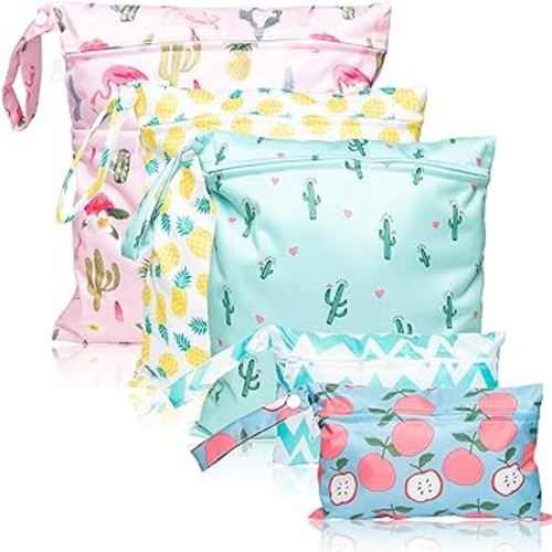 R HORSE 5Pcs Waterproof Reusable Wet Bag Diaper Baby Cloth Diaper Summer Wet Dry Bags with 2 Zippered Pockets Travel Beach Pool Bag with Pineapple Flamingo Cactus Pattern(3 Sizes)