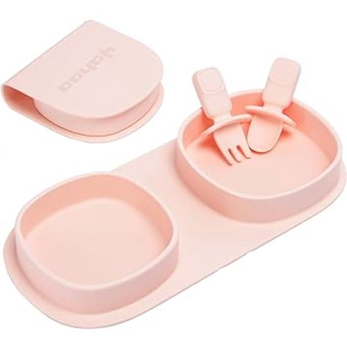 Toddler Plates Travel Essential on the go,Baby Plates with Forks and Spoons Self Feeding 6 months,Foldable,Silicone,BPA Free,Blush