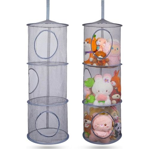 Basumee Stuffed Animals Net or Hammock 2 Pcs Stuffed Animals Storage Toy Net Hammock for Plushies Storage Organizer Mesh Kids Girls Room Decor, Gray, 3 Tiers