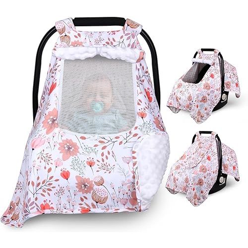 Car Seat Cover Baby Girl Boy, Floral Carseat Covers Infant Car Seat Canopy, 2 Layers Window with Breathable Mesh/Fabric, Kick-Proof Stroller Sun Shade, 40" x 30" Universal Large Size