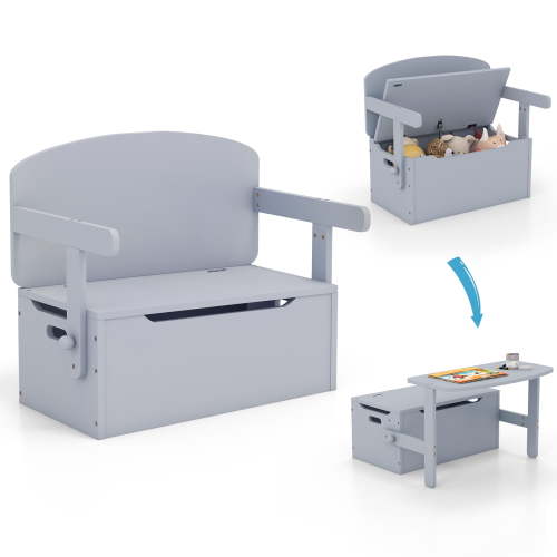 Costway 3-in-1 Kids Convertible Storage Bench Wood Activity Table and Chair Set, Grey