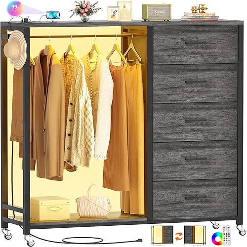 Cyclysio Dresser for Bedroom with Clothes Rack, 5 Drawers Dresser with Charging Station & LED Lights, Tall Storage Chest of Drawers with Wheels, Wooden Top, Lockable Wheels, Bedroom, Closet, Grey