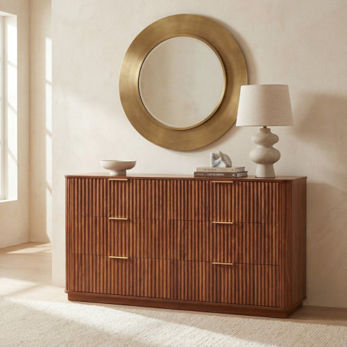 Latitude Run® Modern 6-Drawer Dresser with Curved Wave Front, 55 Inch Wide Walnut TV Stand and Storage Cabinet for Bedroom or Living Room | Wayfair