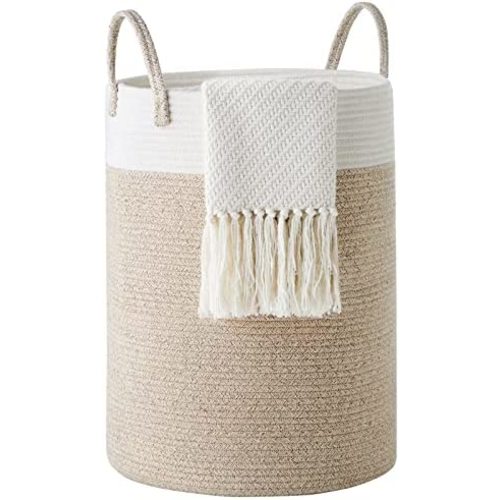 Cotton Rope Laundry Hamper by YOUDENOVA, 42L Woven Collapsible Laundry Basket - Toy & Clothes Storage Basket for Blankets, Laundry Room Organizing, Bedroom Storage, Clothes Hamper - Brown & White