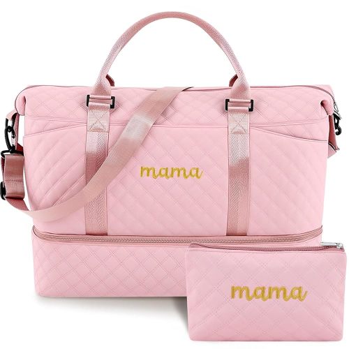 Mama Hospital Bag for Women Labor Delivery Travel Duffle Bag with Shoe Compartment and Toiletry Pouch Waterproof Letter Embroidered for Weekender Overnight Gym Gift, Pink