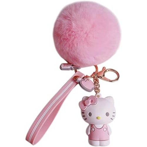 PaPiJoJo Cute Keychains for Girls, Kawaii Pom Pom Fuzzy Key Chain Accessories Wristlet Cartoon Keychain